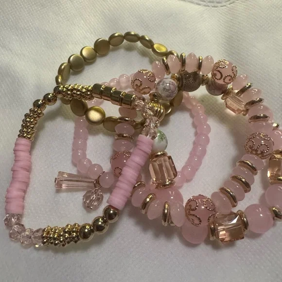 Charmed Stacked Pink and Gold Beaded Bracelets - Picture 6 of 6